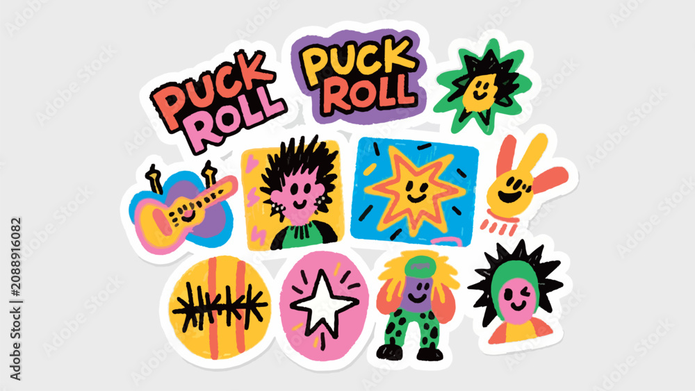 Fototapeta premium Set of colorful 90s style pop art stickers and patches, vector illustration