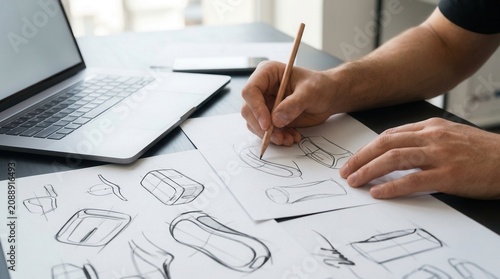 A production designer sketching product packaging prototype ideas on paper.
