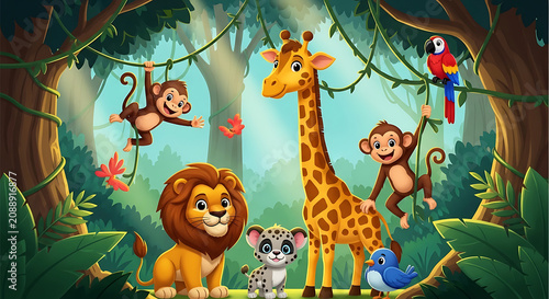 Cartoon jungle animals lion giraffe monkeys parrot bird in forest desig