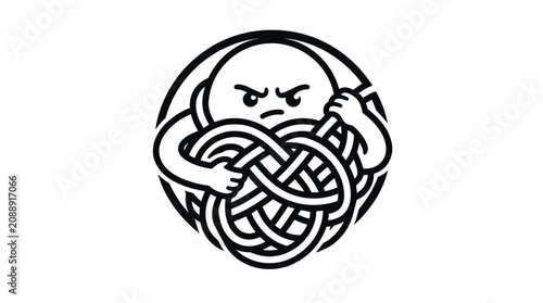 Foto Angry Cartoon Character Tangled in Knot, Frustration and Difficulty