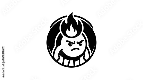 Obraz na plátně Angry Cartoon Character with Fire on Head, Black and White Icon