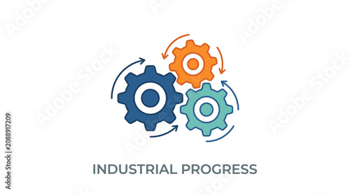 Three colorful interlocking gears representing industrial progress and mechanical engineering.