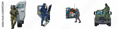 Obraz na płótnie Collection of tactical military illustrations featuring special forces personnel with armored vehicles in rainy weather conditions, showcasing various operations and equipment
