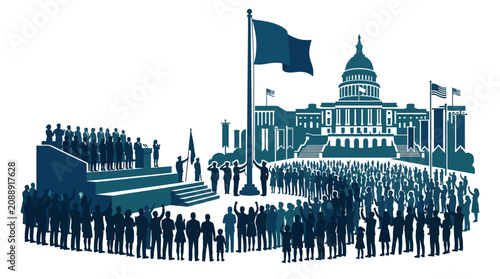 A large crowd of people gathered for a formal outdoor political assembly.