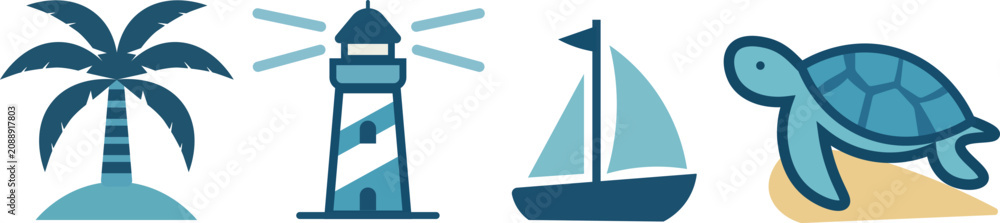 Fototapeta premium World Oceans Day icons featuring palm tree, lighthouse, sailboat, and sea turtle in blue tones