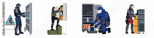 Принти на полотні Set of tactical officers in protective gear organizing supply storage including canisters and crates in a warehouse, flat vector illustration