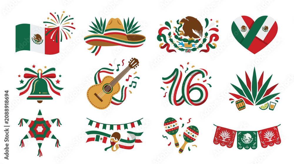 Fototapeta premium Collection of Mexican cultural symbols and elements for celebration and holidays.