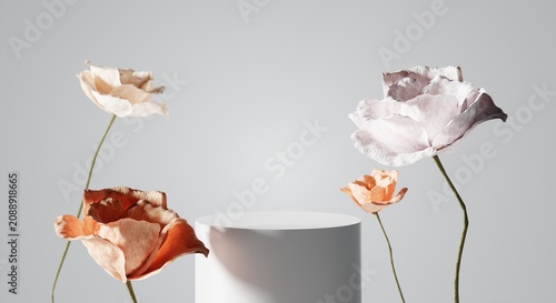 minimalist product display podium with paper flowers 3d rendering