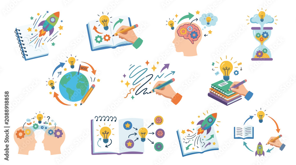 Naklejka premium Collection of illustrations representing creativity, innovation, and the process of generating new ideas.