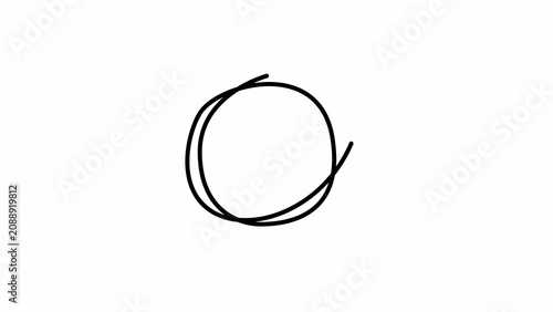 Foto Hand-drawn black ink circle outline, scribbled loop shape on a plain white backg