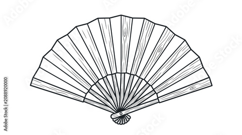 A detailed black and white line art illustration of an open folding hand fan.