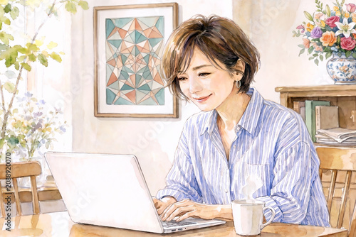 木製の椅子に座りダイニングテーブルで白いノートパソコンを操作する笑顔の女性の水彩画イラスト