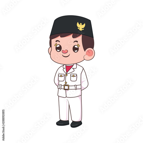 Cute chibi boy character wearing white Indonesian Paskibra national flag hoisting troop uniform and black peci cap with Garuda emblem, isolated on white background for Independence Day.