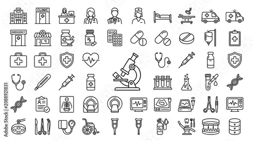 Foto Medical Icons Set: Healthcare, Science, and Hospital Equipment - Line Art Collec