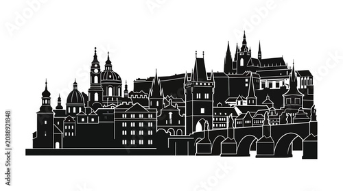 Foto Prague skyline silhouette, Charles Bridge and Prague Castle, black and white vec