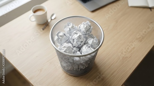 Close-up of a metal waste bin overflowing with crumpled paper on a light wooden desk, symbolizing discarded ideas and challenges in creative work