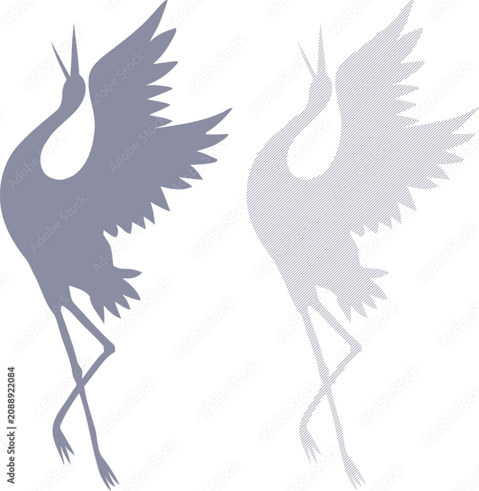 Fototapeta premium Line art of two stylized cranes in gray tones with outstretched wings