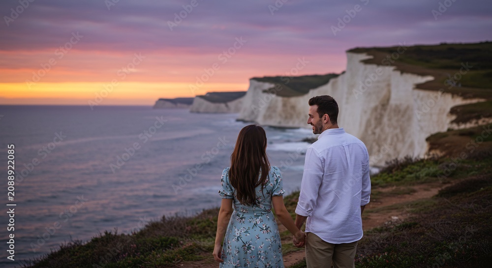 Fototapeta premium 夕焼けの美しい空の下手を取り合うカップル壮大な崖と海のロマンチックな風景. AI Generated