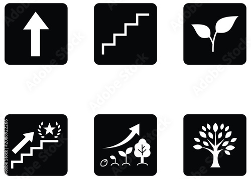 Green Plant Growth Stages Line Icon Set: Vector Illustration of Young Sprout Seedlings with Roots and Soil for Ecological, Agriculture and Sustainable Environment Design