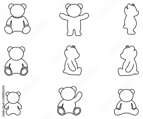 Cute Cartoon Teddy Bear and Plush Toy Line Art Icon Set: Minimalist Vector Illustration of Baby Nursery Mascot with Red Bow Tie, Outline and Silhouette Symbols
