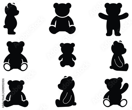 Cute Cartoon Teddy Bear and Plush Toy Line Art Icon Set: Minimalist Vector Illustration of Baby Nursery Mascot with Red Bow Tie, Outline and Silhouette Symbols