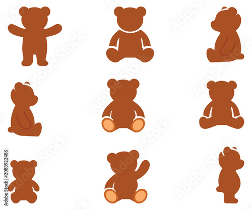 Cute Cartoon Teddy Bear and Plush Toy Line Art Icon Set: Minimalist Vector Illustration of Baby Nursery Mascot with Red Bow Tie, Outline and Silhouette Symbols