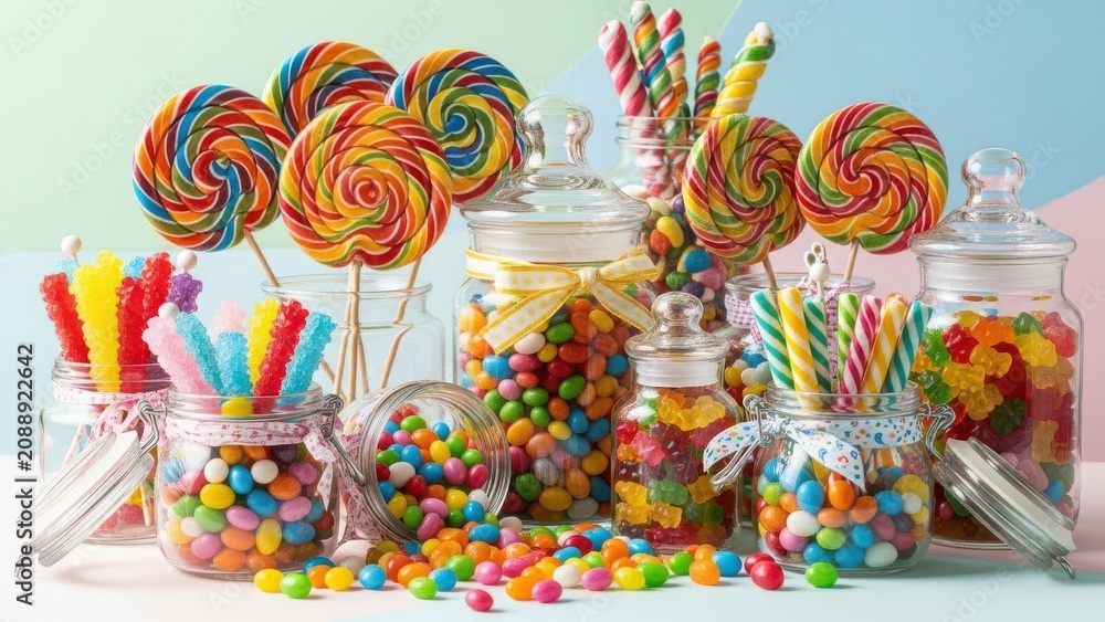 Naklejka premium Abundant Assortment of Colorful Candies and Lollipops in Jars
