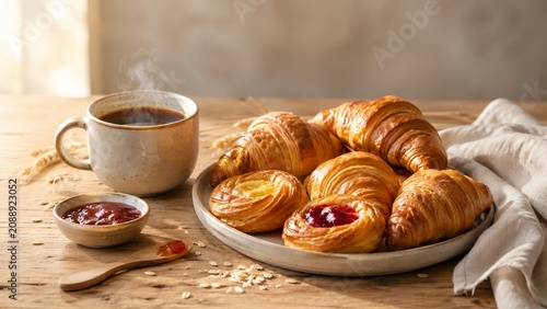 Croissants with jam and coffee on rustic breakfast table