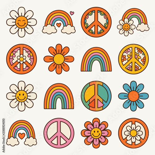 Retro 70s Hippie Art: Peace Signs, Flowers, Rainbows, Boho Style