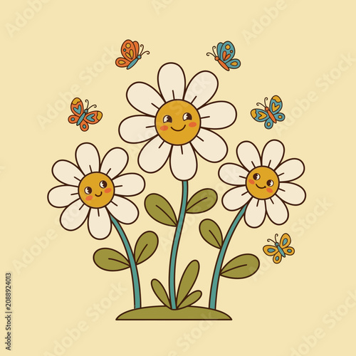 Retro Daisies Butterflies Happy Feeling Illustration