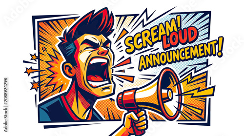 Canvastavla Man Shouting Announcement Loudly Through Megaphone, Comic Style