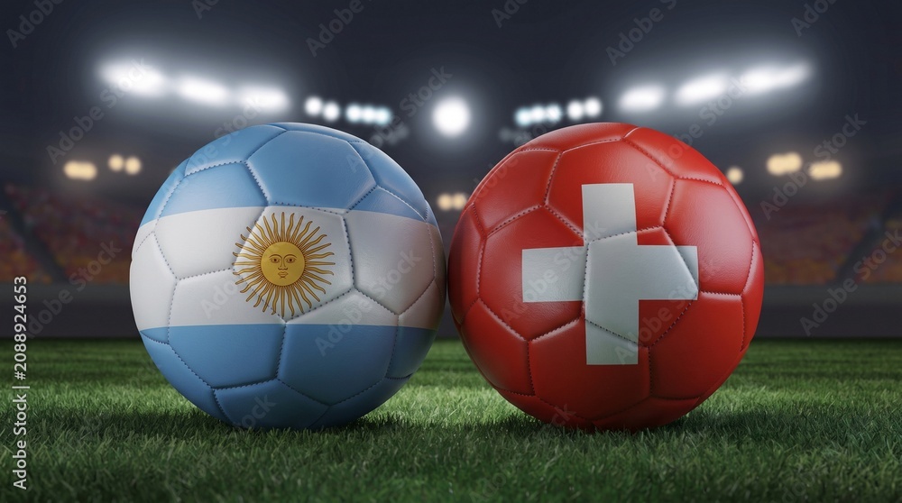 Fototapeta premium Two soccer balls in flags colors on a stadium blurred background. Argentina and Switzerland. 3D image.