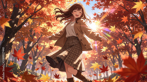 Happy young woman in a cardigan and plaid skirt twirling among red autumn maple leaves with sunlight flares, joyful fall anime illustration,カーディガンとチェックスカートで紅葉並木を笑顔で舞う女性、木漏れ日と舞う落ち葉の秋のアニメ風イラスト