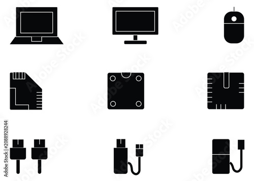 Computer Hardware and Components Line Icon Set: Minimalist Vector Illustration of Laptop CPU, Motherboard, SSD, RAM, Peripheral Devices and Network Technology