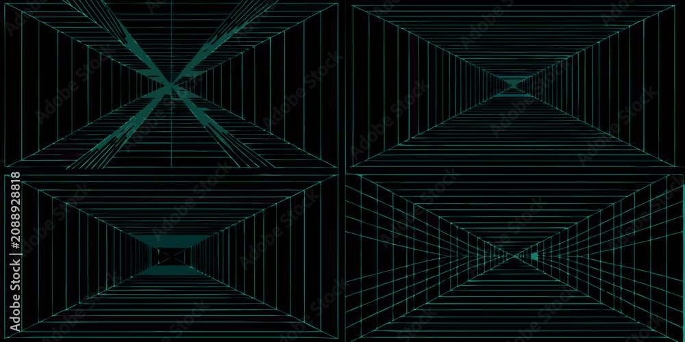 Foto Cyan Teal Wireframe Grids A Four Panel 3d Geometric Composition