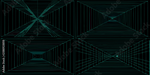 Foto Cyan Teal Wireframe Grids A Four Panel 3d Geometric Composition