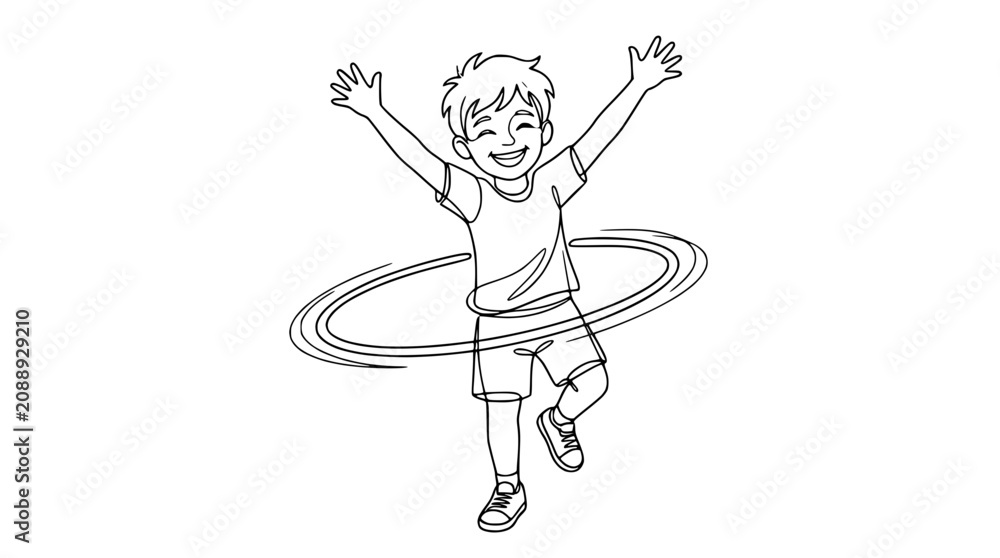 Obraz premium Happy boy with arms up playing with a hula hoop, line art drawing, isolated on white background