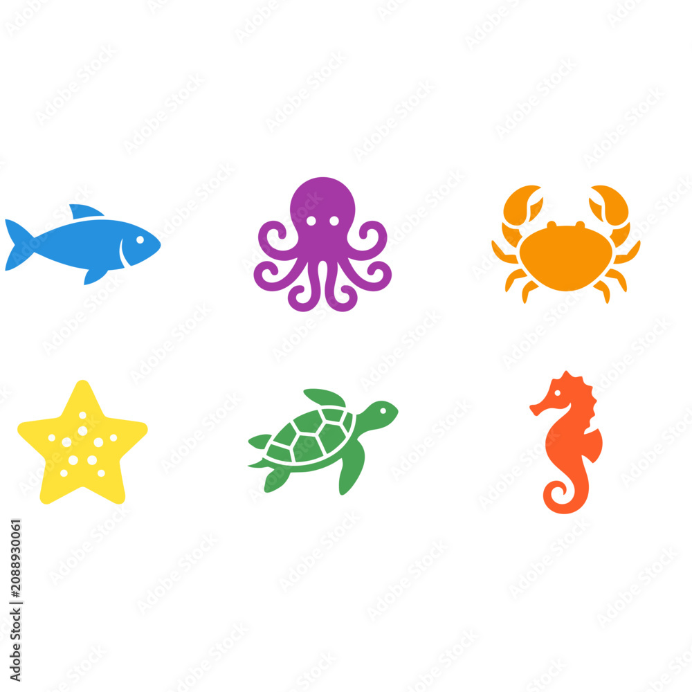 Obraz premium Vibrant ocean creatures swim together in a colorful underwater scene with fish, octopus, crab, starfish, turtle, and seahorse.