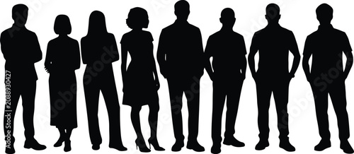 Foto Set of eight standing human silhouettes with varied postures symbolizing teamwor