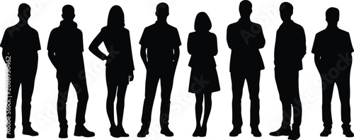 Fotografía Set of eight standing human silhouettes with varied postures symbolizing teamwor