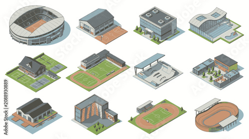 Isometric view of various sports stadiums and athletic facilities worldwide.