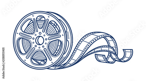 Vintage Film Reel with Unspooling Strip, Retro Cinema Concept