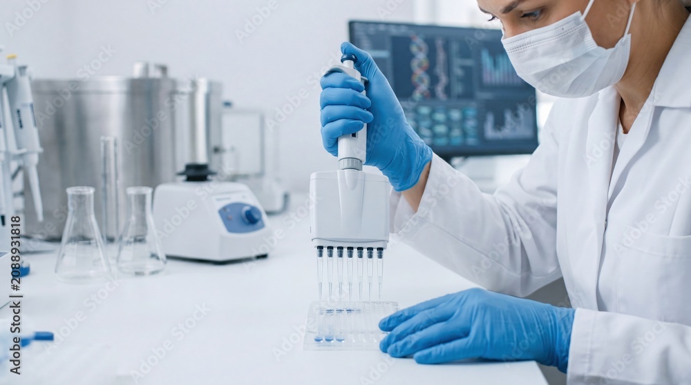 Fototapeta premium Female scientist using multichannel pipette in modern laboratory, conducting biological research with precision equipment