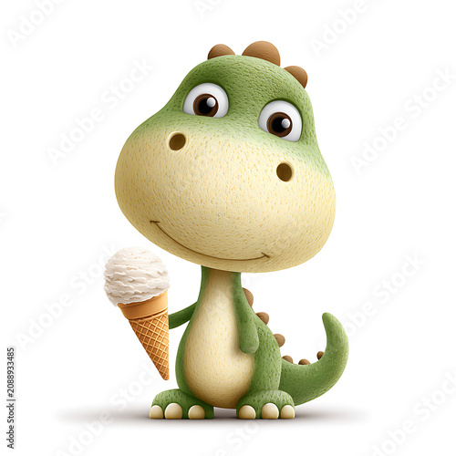 Friendly cartoon dinosaur holding an ice cream cone, isolated on white, perfect for summer activity sheets, kids’ crafts, and playful seasonal designs.