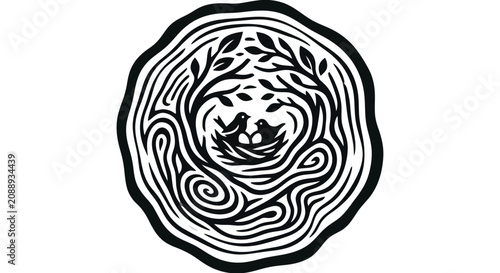 Stylized illustration of a birds nest with two birds and eggs inside a tree ring pattern.