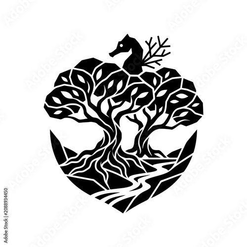 Stylized Heart Shaped Tree with Seahorse and Coral.