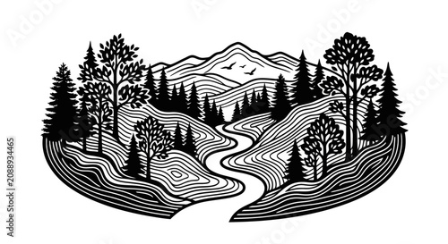 Stylized Landscape Illustration with Mountains River and Trees.