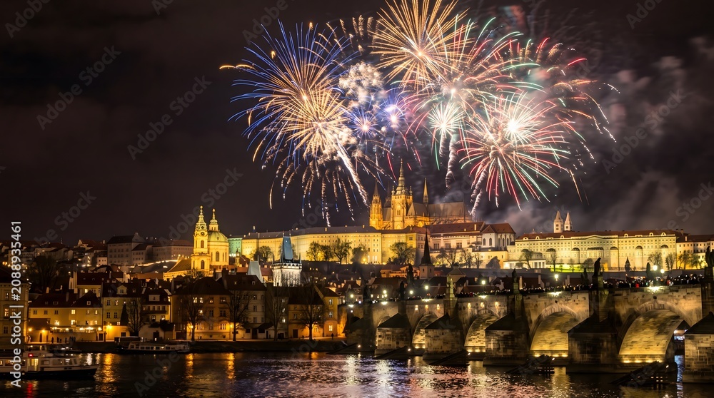 Fototapeta premium A breathtaking fireworks display illuminating a historic city skyline at night, celebrating a special event or national holiday.