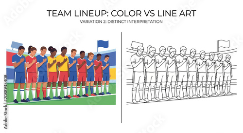 Schilderij op canvas Soccer Team Lineup: Color vs. Line Art Comparison