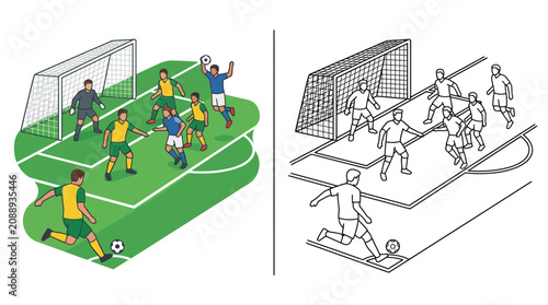 Obraz na plátne Soccer match action, players competing for ball near goal, corner kick illustrat